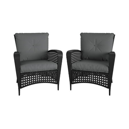 COSCO Outdoor Living Lakewood Ranch Steel Woven Wicker Lounge Chairs with Cushions, Black and Gray