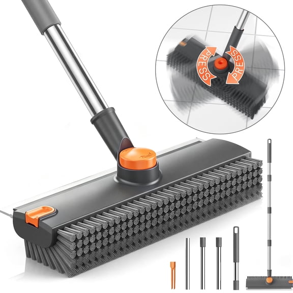 3 in 1 Floor Scrub Brush with Long Handle, Heavy-Duty Stiff Bristle Scrubber Brush with Squeegee & Tweezer for Cleaning Shower, Bathroom, Kitchen, Patio, Garage