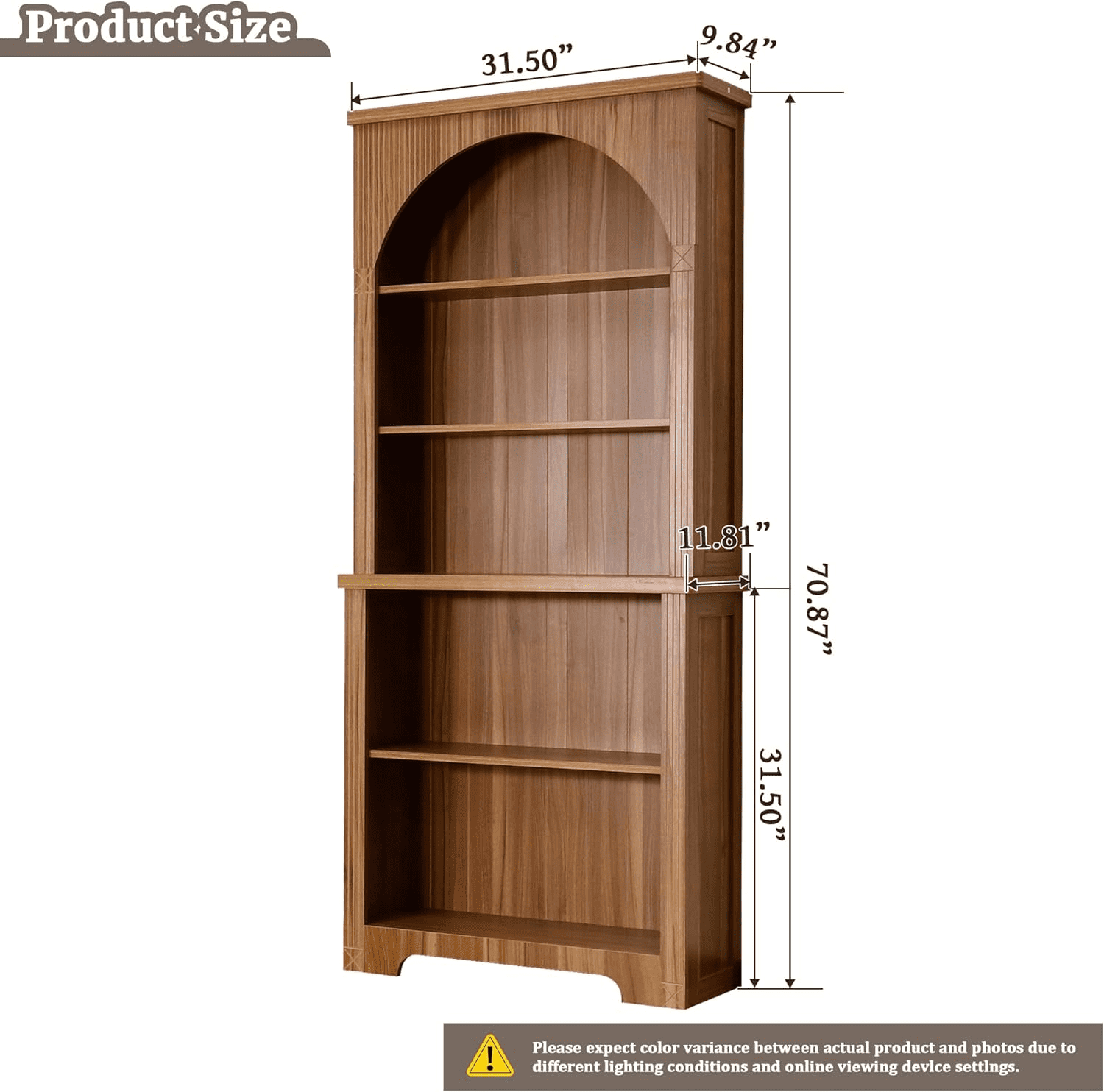 LEFHDA 71" Tall Bookshelf, 5-Tier Bookshelf, Farmhouse Arched Bookcase, Open Display Storage Shelf Adjustable Bookshelf for Home Office, Living Room(Walunt)