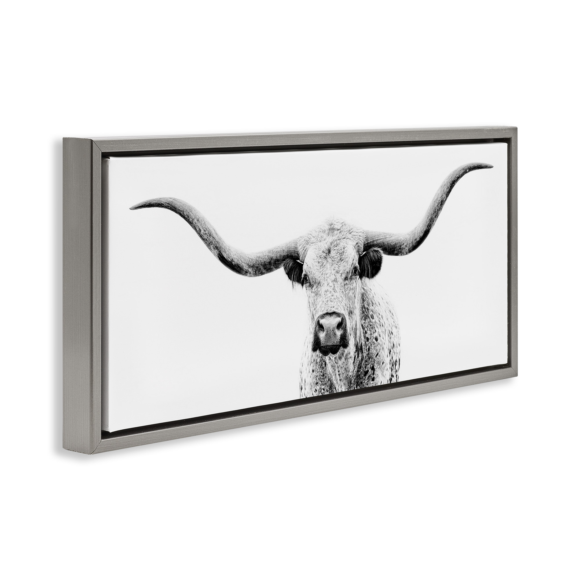 Stupell Industries Modern Longhorn Cattle Gazing Animals & Insects Photography Gray Floater Framed Canvas Art Print Wall Art, 25 x 11