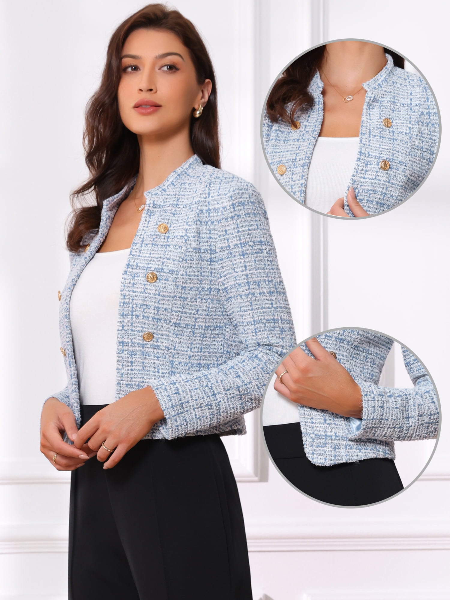 DARING DIVA Women's Comfortable Elegant Plaid Tweed Blazer Band Collar Jacket XL Blue
