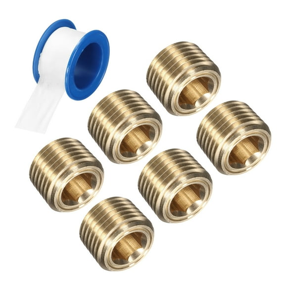 6Pack 1/8 NPT Brass Pipe Plug Fitting, Male Thread Internal Hex Socket Pipe Cap, Countersunk Plug for Sealing Pipe Port, Pneumatic Solenoid Valve