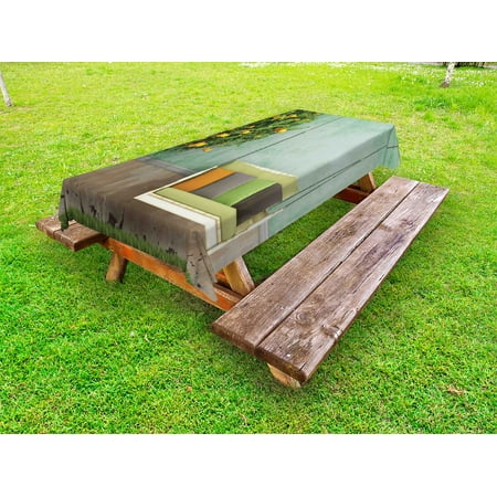 

Garden Outdoor Tablecloth Vintage Wooden Swing in the Garden of an Old House with a Lemon Tree Summertime Decorative Washable Fabric Picnic Tablecloth 58 X 120 Inches Yellow Green by Ambesonne