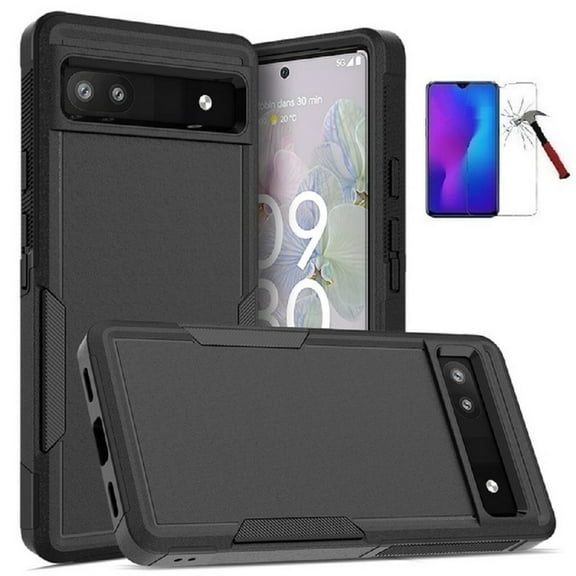 Tommulti Phone Case for Google Pixel 6a (2022), Hard Cover Case with Tempered Glass (Black)