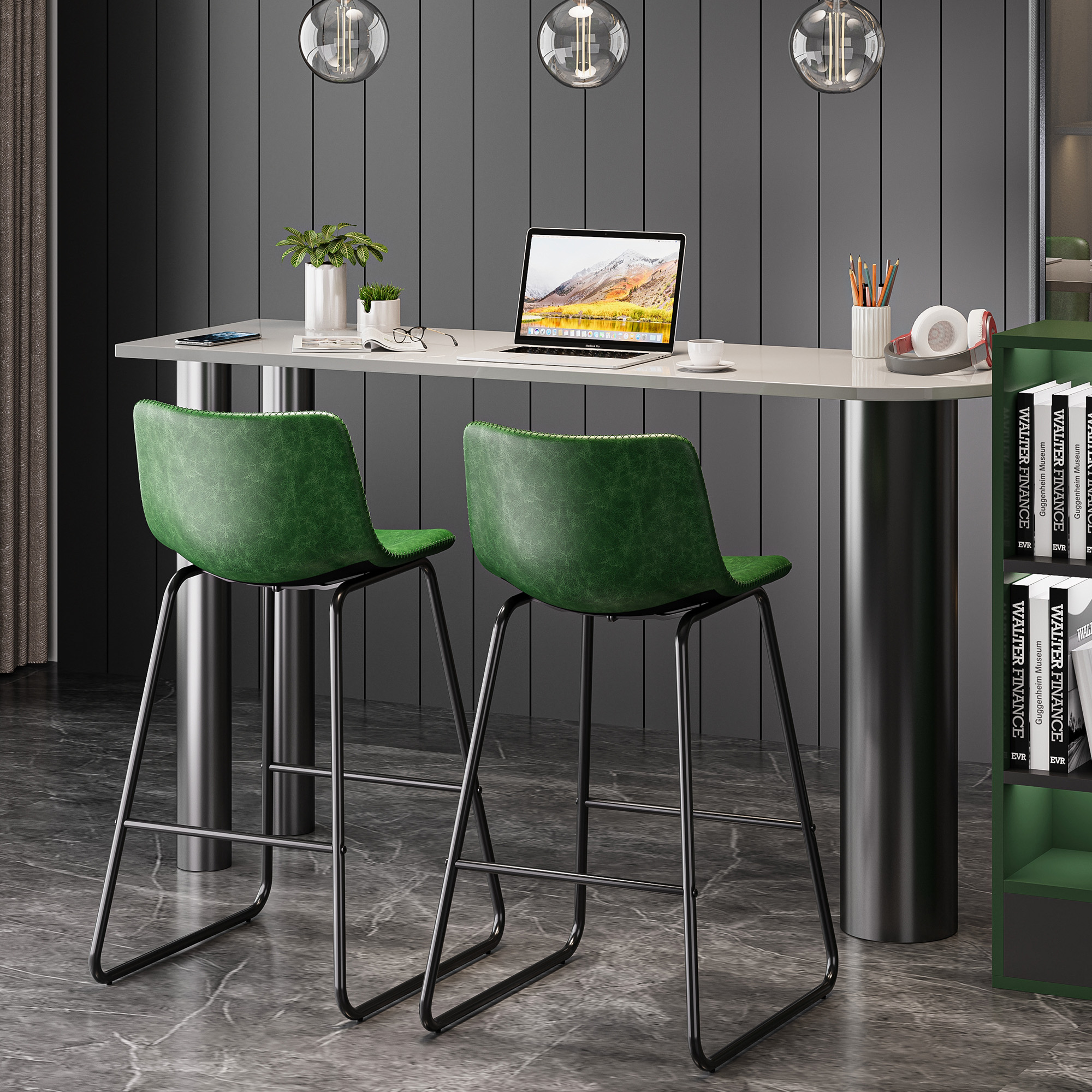 GIKPAL Bar Stools 26" Faux Leather Counter Height Barstools with Back Set of 2, Modern Counter Stools with Metal Legs and Footrest, Armless Chairs with Back for Kitchen Living Room Pub, Green