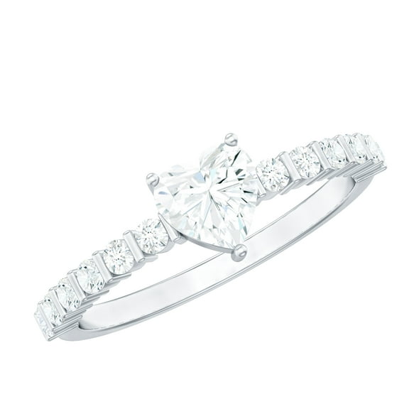 Rosec Jewels Moissanite Heart Promise Engagement Ring with Side Stones (5 mm, D-VS1 Grade), 925 Sterling Silver, US 4.00