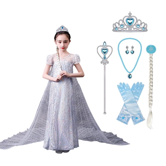 KAWELL Girls' Snow Party Dress Queen Blue Dress Princess Role Play Sequins Dress