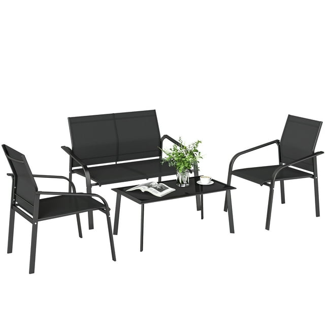 Outsunny 4 Piece Patio Furniture Set, Deep Outdoor Conversation Set, Black