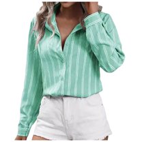 YDFCWXW Button Down Shirts for Women Striped Long Sleeve Dress Shirts Collared Office Work Blouses Button Up Tops Green, M