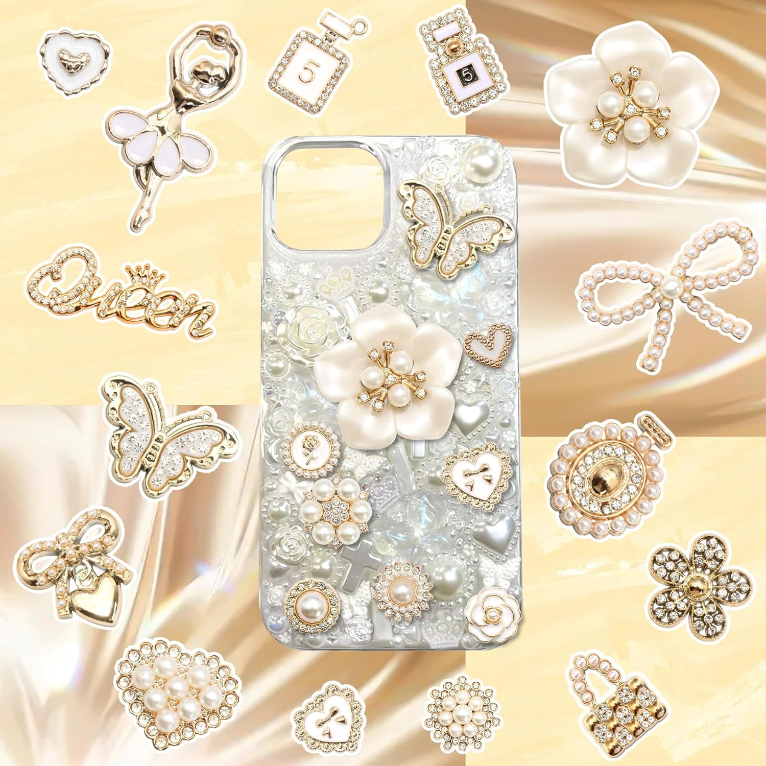 NestE- Junk Case Charms Elegant Flower Butterfly Charm for Phone Case 3D Bow Heart Bear Junk Phone Case Kit Flatback Pearls Rhinestone for Customizing DIY Craft Accessories