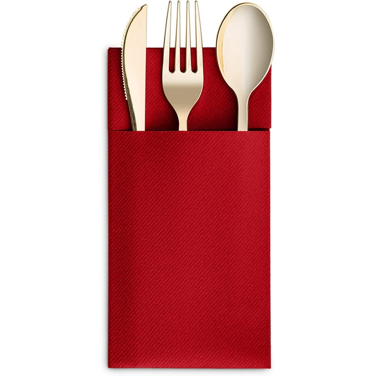 Disposable Linen-Feel Dinner Napkins with Built-in Flatware Pocket, 50-Pack  BRIGHT RED Prefolded Cloth Like Paper Napkins For Dinner, Wedding Or Party  