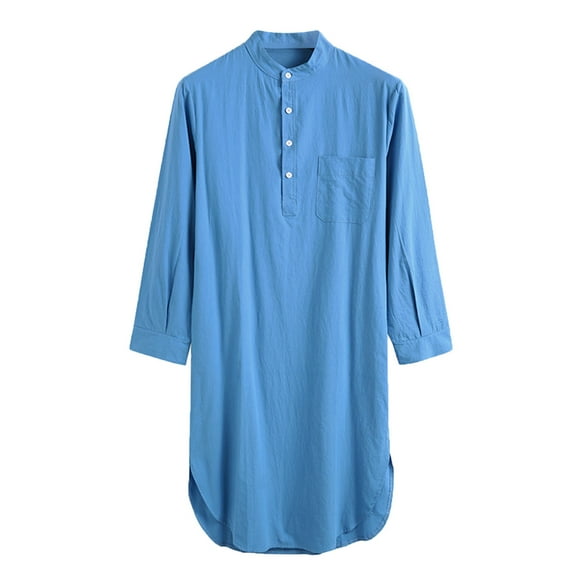 Mens Muslim Nightshirts Sleepwear Comfy Button Round Neck Long Sleeve Thobe Robe Mid-Length Nightgown Loose Nightwear