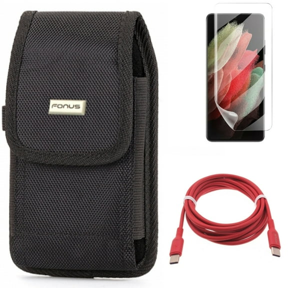 Red 6ft Long Cable & Matte Screen Protector & Case Belt Clip for Samsung Galaxy S21 Ultra Phone - USB-C to Type-C PD Fast Charger & TPU Film Anti-Glare & Swivel Holster Accessory Bundle