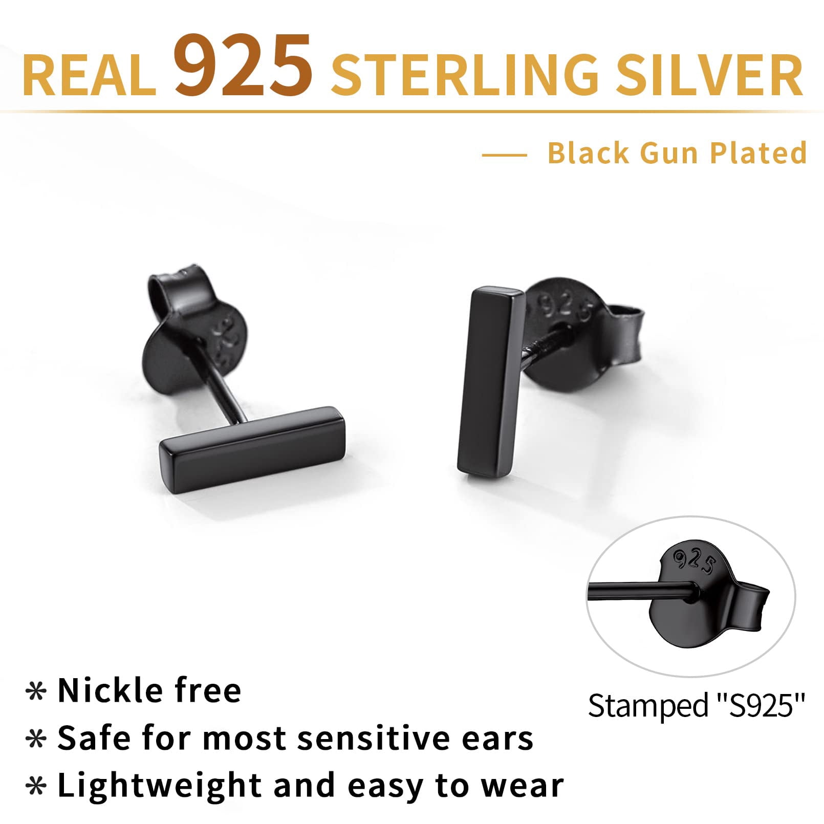ChicSilver Black Bar Earrings for Women Men 925 Sterling Silver Ear Studs Ladies Simple Stud Earrings Hypoallergenic Jewelry Gift