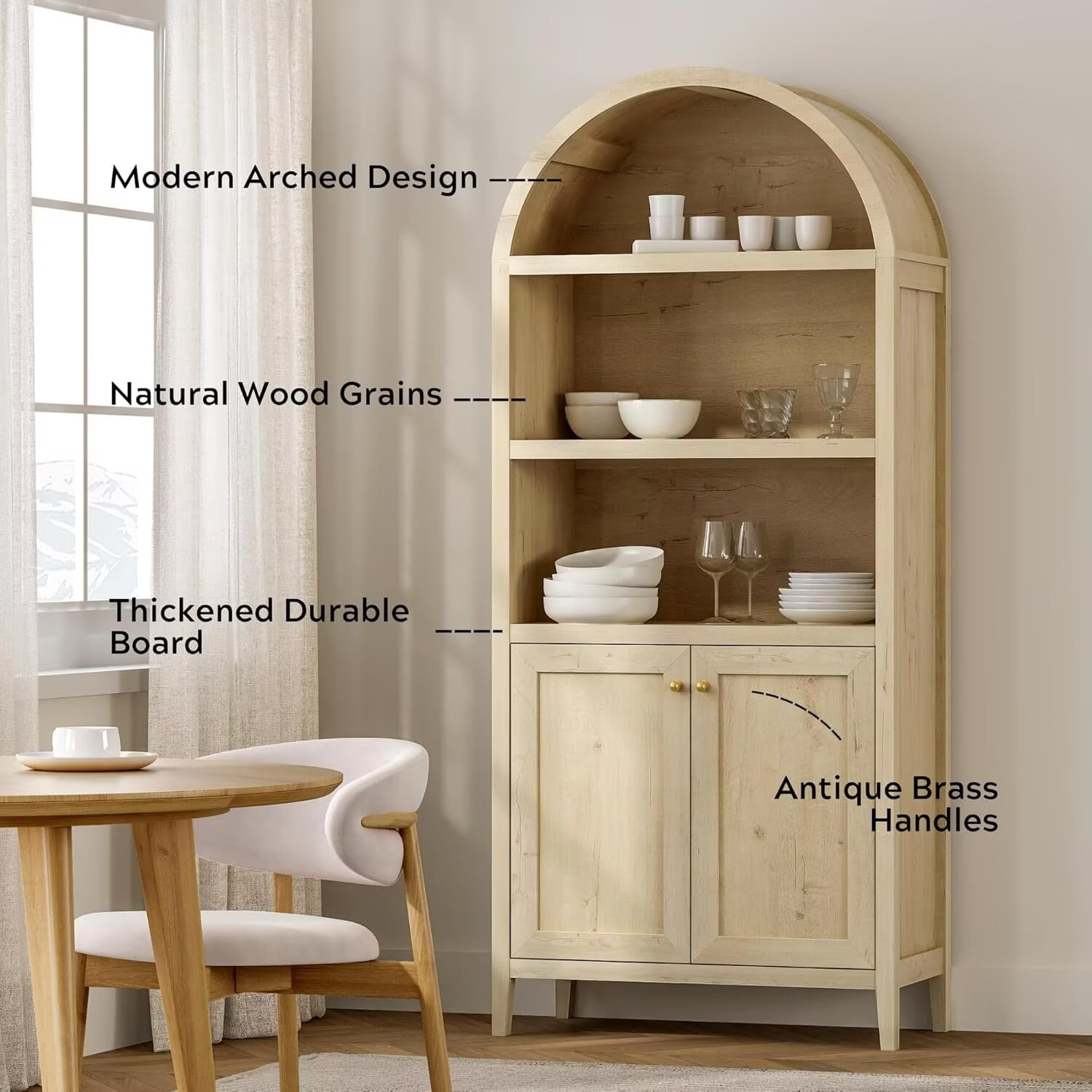 EYYTHUNG 71" Tall Arched Cabinet, 5-Tier Storage Cabinet with Shelves & Doors, Modern Farmhouse Bookshelf Pantry Organizer, Light Oak