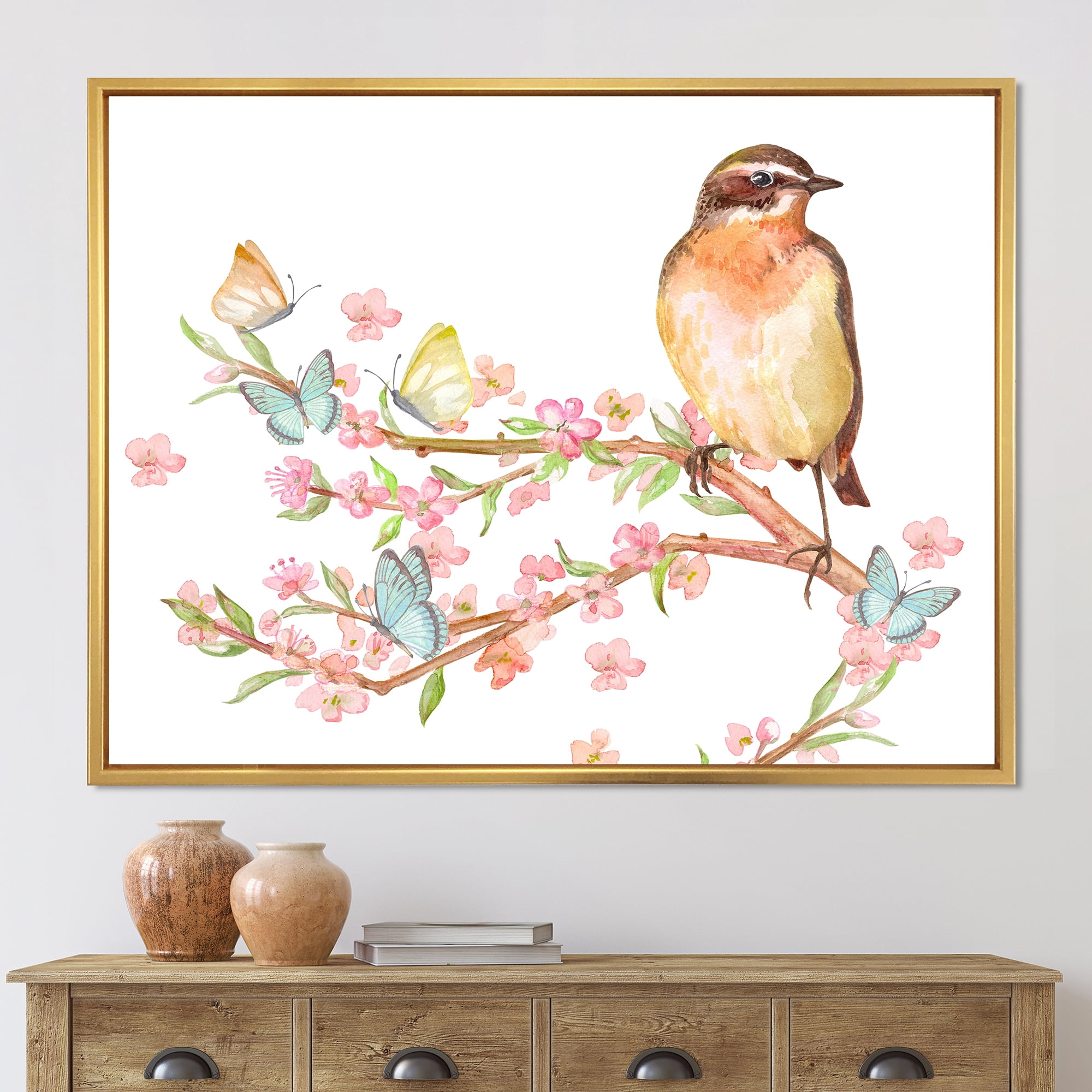 Designart 'Lovely Bird Sitting On Branch of Sakura With Butterflies' Traditional Framed Canvas Wall Art Print