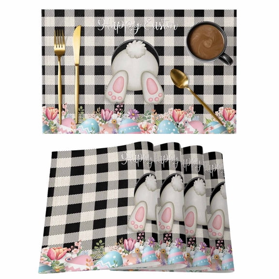 Easter Bunny Placemats Set of 4, Vintage Watercolor Eggs Flower Black Plaid Placemats for Dining Table, Place Mats for Kitchen Tabletop, Waterproof Wipeable Dining Table Mats Set