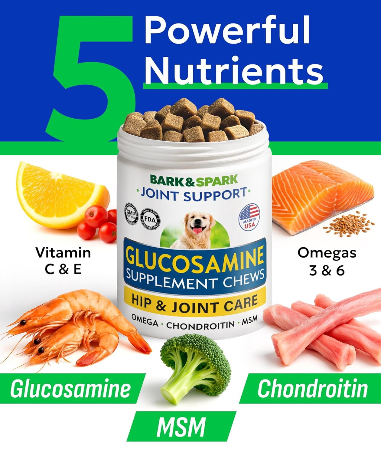 BARK&SPARK Premium Glucosamine Chews for Dogs - Dog Supplements for Hip and Joint with Chondroitin, MSM & Omega-3 Fish Oil - Joint Pain Relief & Large Small Breed - 120 Treats - Chicken - made in USA
