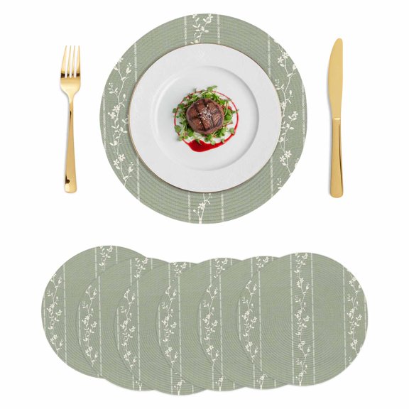 Green Flower Branch Round 13 Inch Placemats Set of 6, Spring Summer Farmhouse Botanical HeatResistant Non Slip Place Mats for Dining Table, Wipeable Braided Kitchen Table Mats for Housewarming