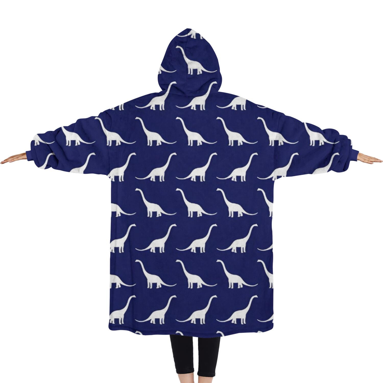 Oversized Wearable Blanket Hoodie,DarkBlue White Dinosaurs Silhouettes Pattern Sherpa Blanket Hoodie with Super Pockets,Super Warm Fuzzy Pullover for Women & Men