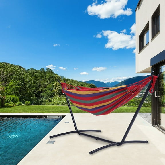 Clearance! Hammocks & Stand Sets for Patio & Garden, Portable Hammock with 8.5 FT Stand, Hammock with Space-Saving Steel Stand Includes Portable Carrying Case (Rainbow), S10384