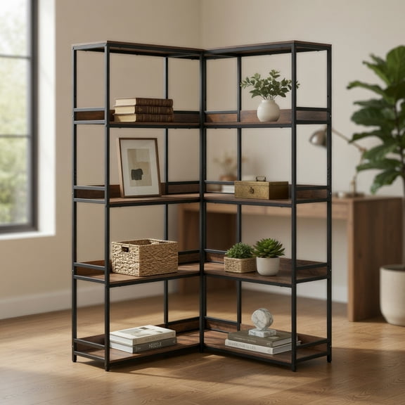 Resenkos 5-Tier L-Shaped Corner Bookshelf - Etagere with Metal Frame, Rustic Brown