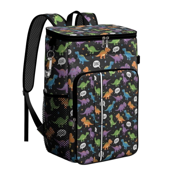 Travel Cooler Bag - Black Cartoon Dinosaurs Speech Bubbles Pattern Camping Beer Cooler Backpack with Bottle Opener- Waterproof Insulated Picnic Backpacks - Cooler Bag for Beach