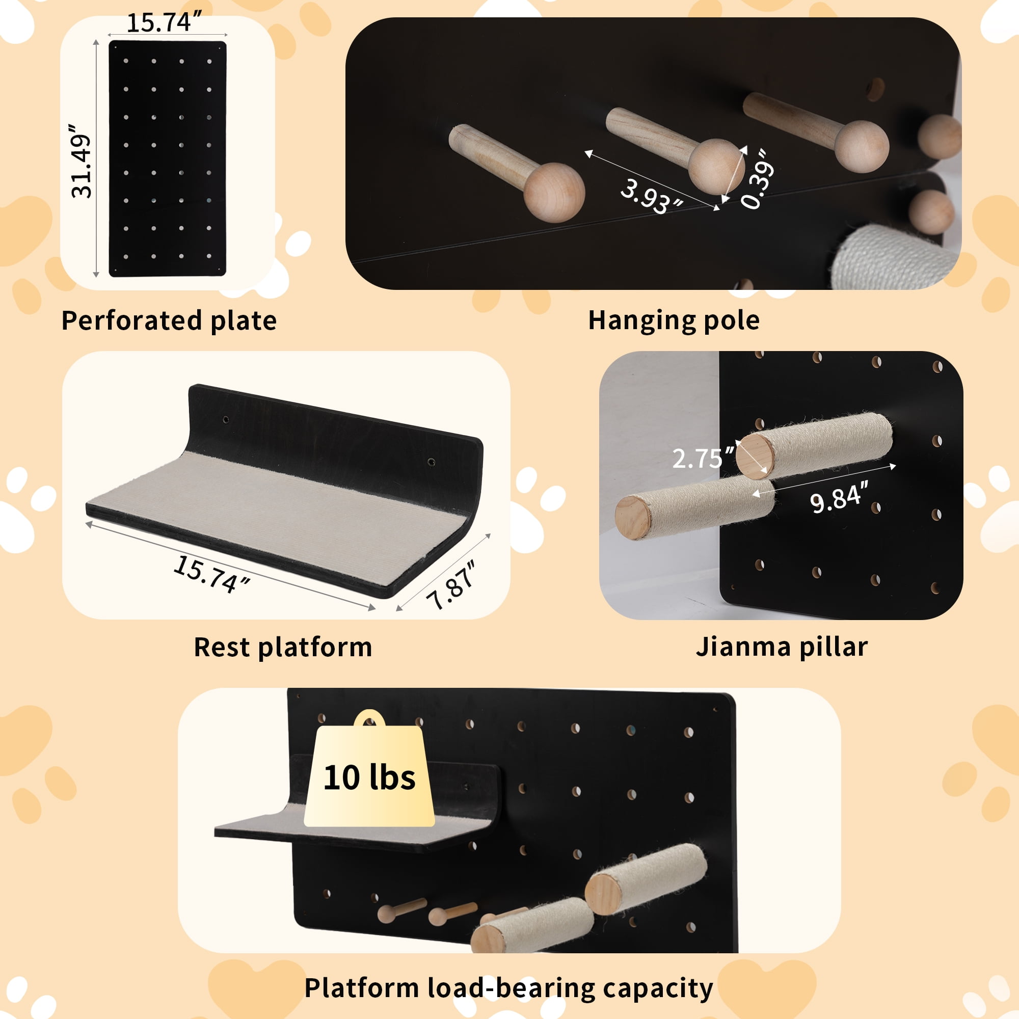 Kadyn 31" Wall-Mounted Cat Shelves and Steps Set, Mounted Cat Tree Tower for Adult Cats, Indoor Cat Sleeping Playing Lounging Climbing Furniture, Black