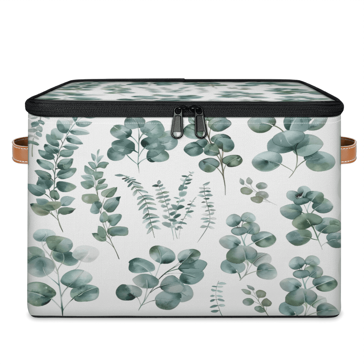 CURLYOOT Green Eucalyptus Leaves Fabric Storage Bins with Lids, Eucalyptus Leaves Foldable Storage Boxes Washable Storage Cube, Closet Bedroom Home Organizer Containers with Handles