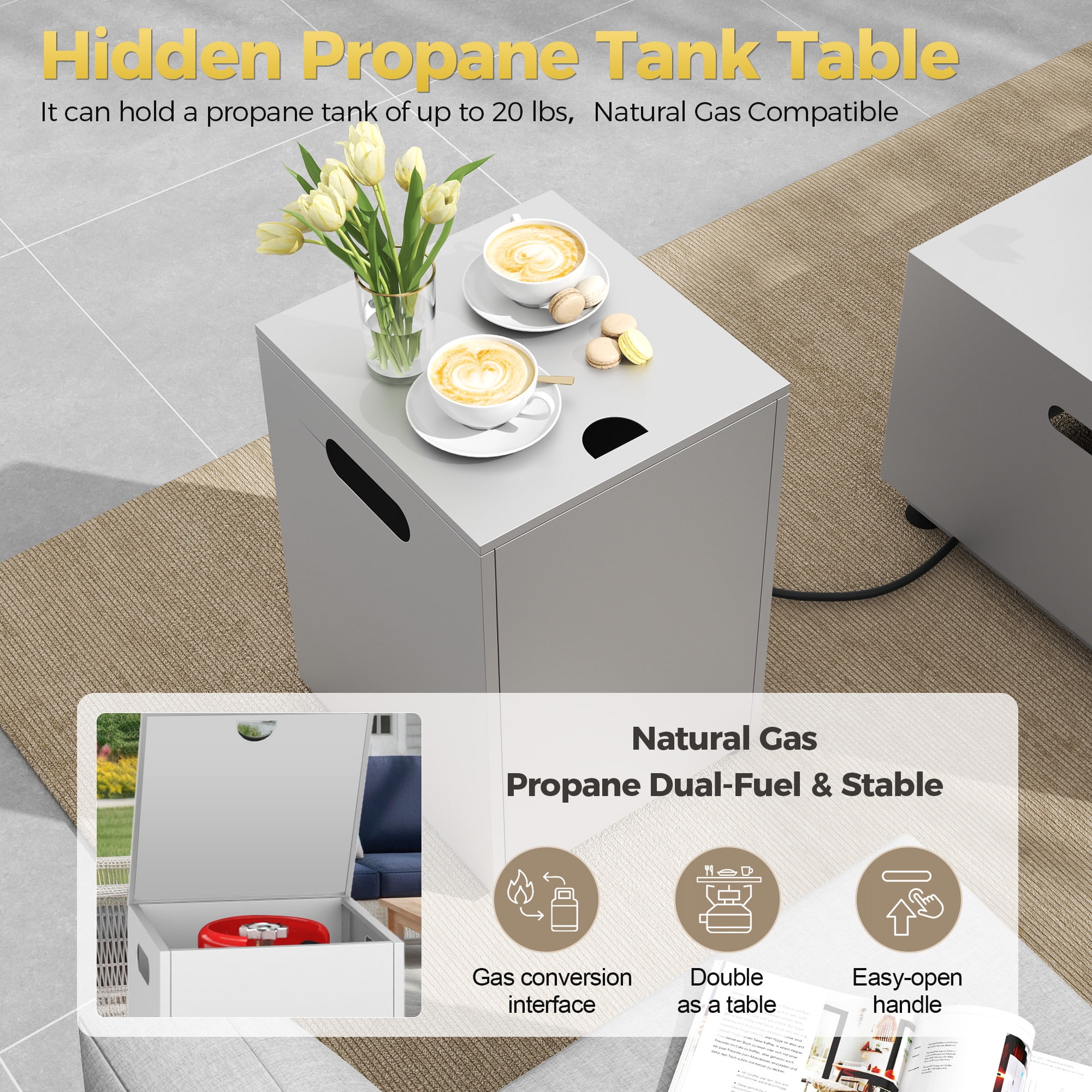 RADIATA 42” Rectangle Fire Pit Table, Dual Fuel Propane & Natural Gas Outdoor Firepit with Tank Table, 50000 BTU, Light Gray