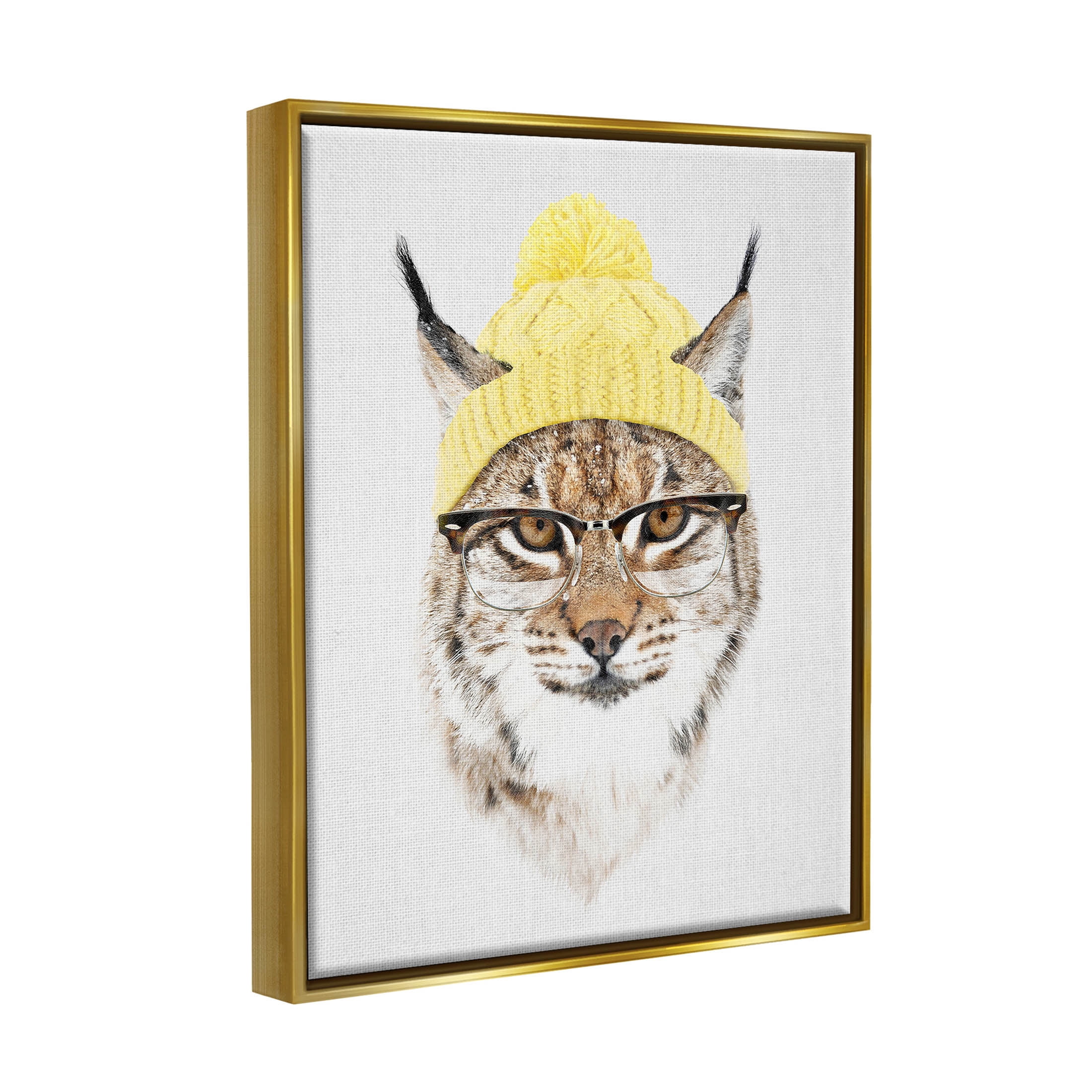 Bobcat Hipster Beanie Wildlife Animals & Insects Graphic Art Metallic Gold Framed Art Print Wall Art