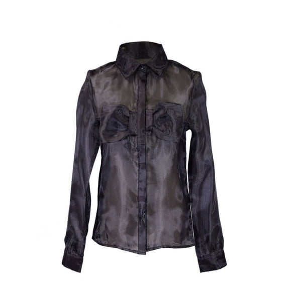 Rehab Retro Sheer Dressy Bow Detail Button Up Woven Long Sleeve Blouse Top