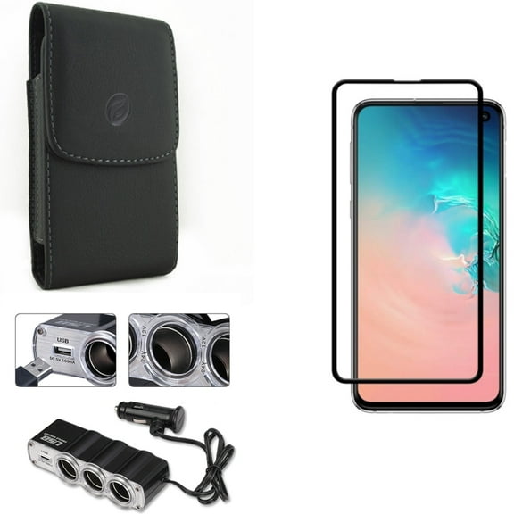 Galaxy S10e Car Charger w Case Belt Clip w Screen Protector - Splitter 3-Port DC Socket, Leather Holster Cover, Tempered Glass 5D Curved Edge for Samsung Galaxy S10e Phone