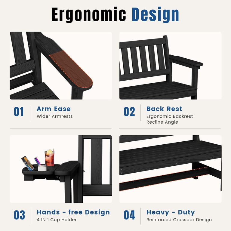 Loyalice 2-Person Outdoor Bench, Black with Fold-Out Tray photo 4