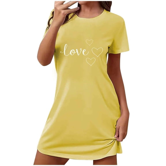 QSAWXQZ Plus Size Valentine's Sleep Nightgown for Women Short Sleeve Crewneck Print Pullover Mini Dress Yellow-1 5XL