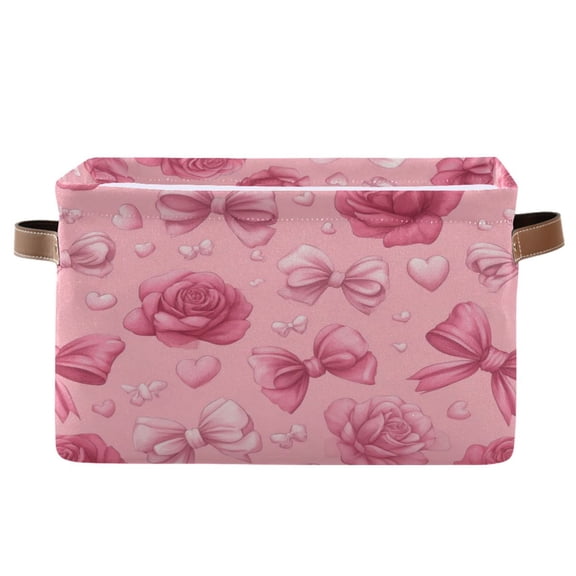 1-Pack Square Closet Organizers with Handles Open Basket Bins Roses and Bows Pattern Storage Basket for Home Office