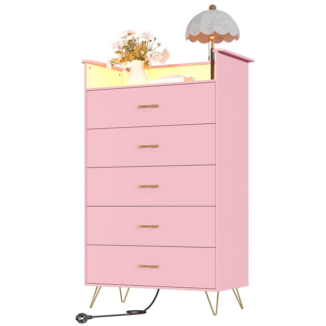 Commode à 5 Tiroirs avec Lumières DEL RVB et Station de Recharge – Haute Commode en Bois Rose, Armoire de Rangement Moderne à Grande Capacité, Contrôlée par Application, pour Chambre, Salon, Garde-Robe, Couleur : Rose