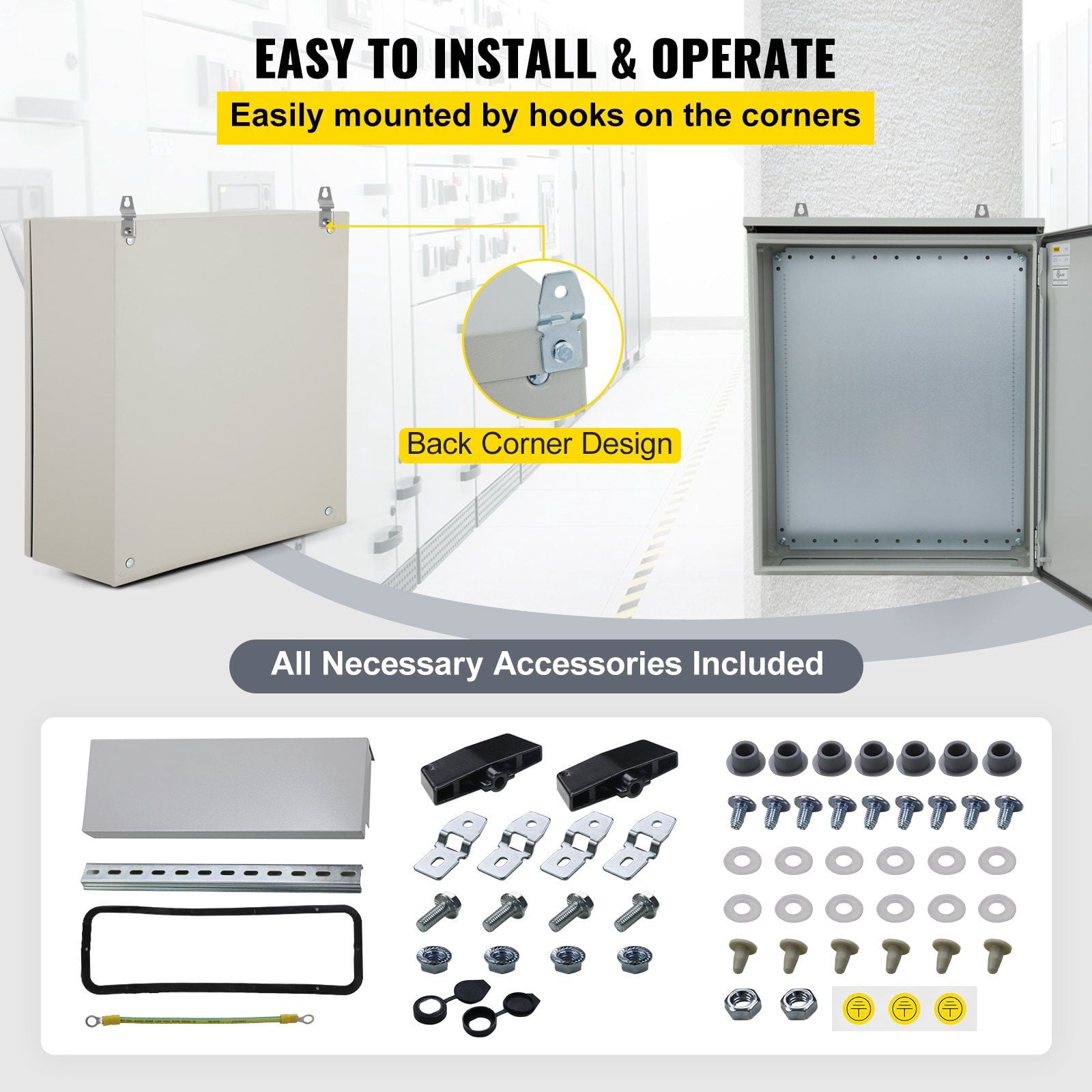HCY Electrical Enclosure, 24x24x8in, Tested to UL Standards NEMA 4 Outdoor Enclosure, IP65 Waterproof & Dustproof Cold-Rolled Carbon Steel Hinged Junction Box for Outdoor Indoor Use, with Rain Hood