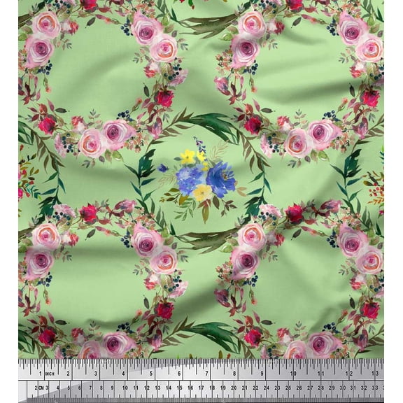 Soimoi Green Cotton Duck Fabric Floral Wreath Flower Printed Fabric 1 Yard 42 Inch Wide