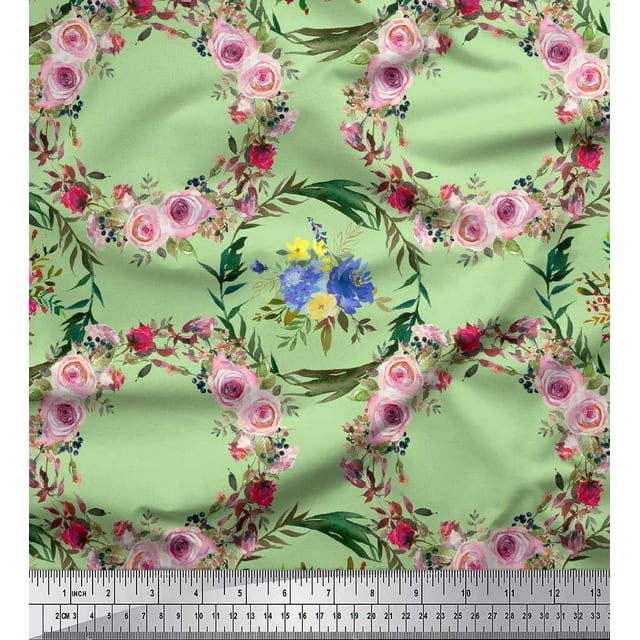 Soimoi Green Silk Fabric Floral Wreath Flower Print Fabric by Yard 42 Inch Wide