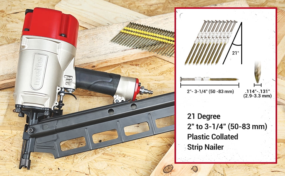 Meite SN2183F Pneumatic Framing Nailer 21 Degree 2" to 3-1/4" Length Plastic Plastic Collated Round Head Framing Nail Gun