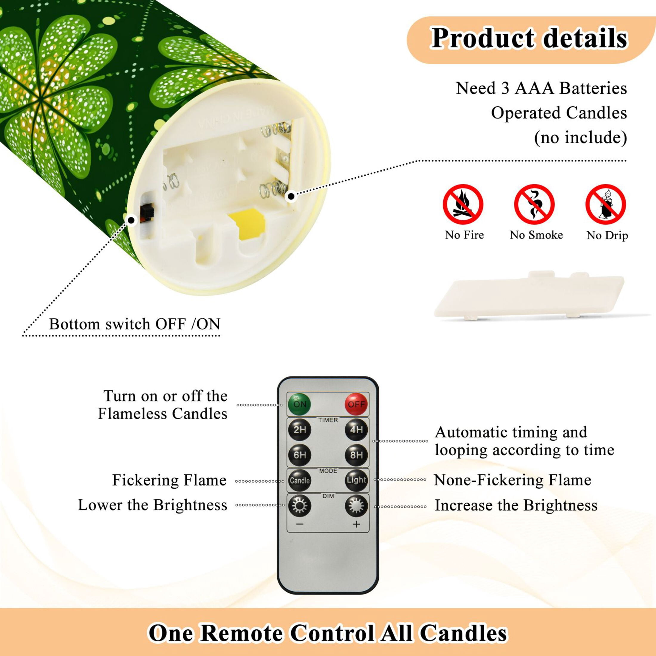Clovers on Grids St Patricks Day Flickering Flameless Candles with Remote Timer Battery Operated LED Tealight Set of 2 M