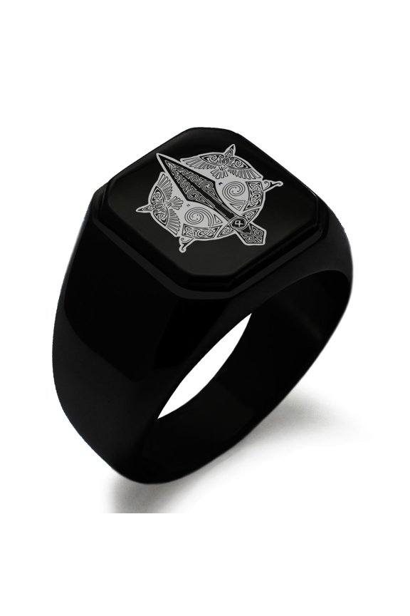 Stainless Steel Gungnir Odin's Spear Viking Norse Engraved Square Flat Top Biker Style Polished Signet Ring