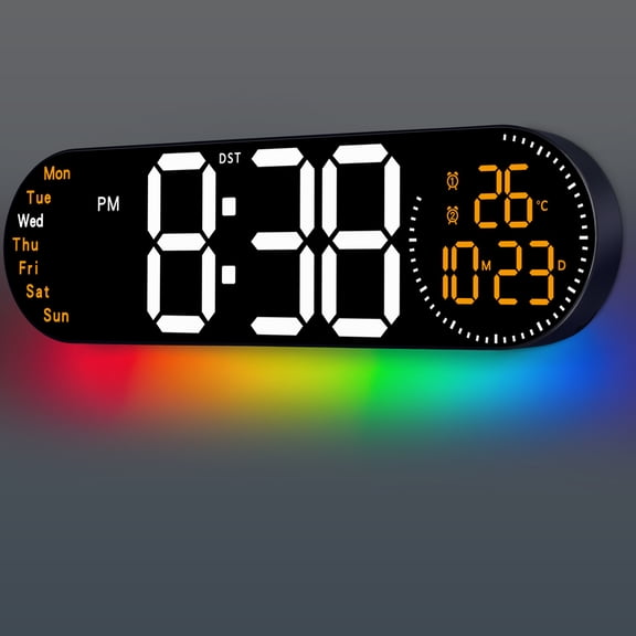 Uxcell 17.2" Large Digital Wall Clock with 9 Color Changing Remote Control, Date Week Temperature, Auto Brightness Dimmer Clock Night Lights, Orange