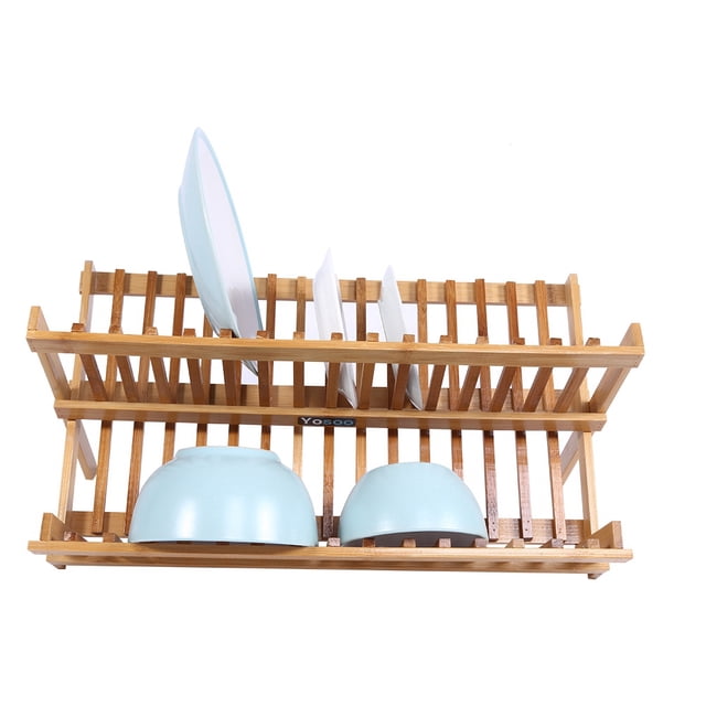 Dish Drying Rack,Double Tier Wooden Foldable Kitchen Draining Rack Dish Rack Convenient Use