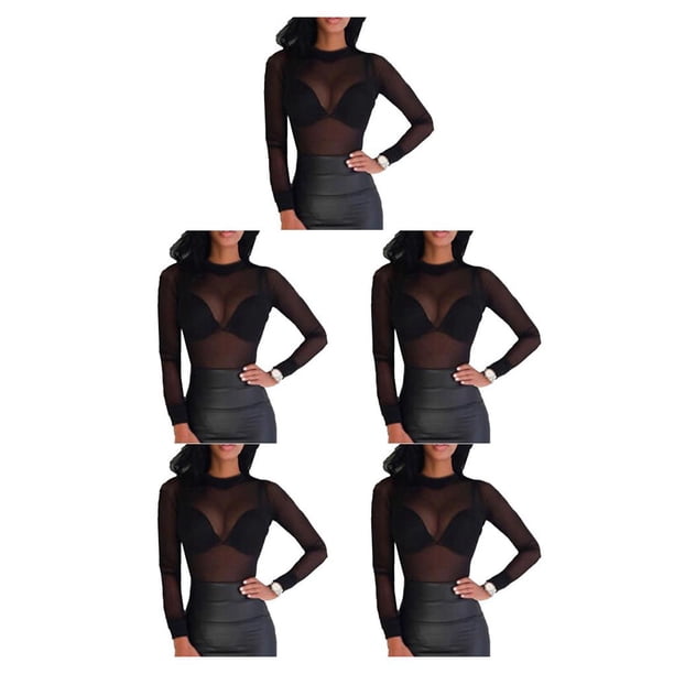 Camiseta básica para mujer Minnieouse Sexy de manga larga elástica cuello redondo Negro METRO 5piezas