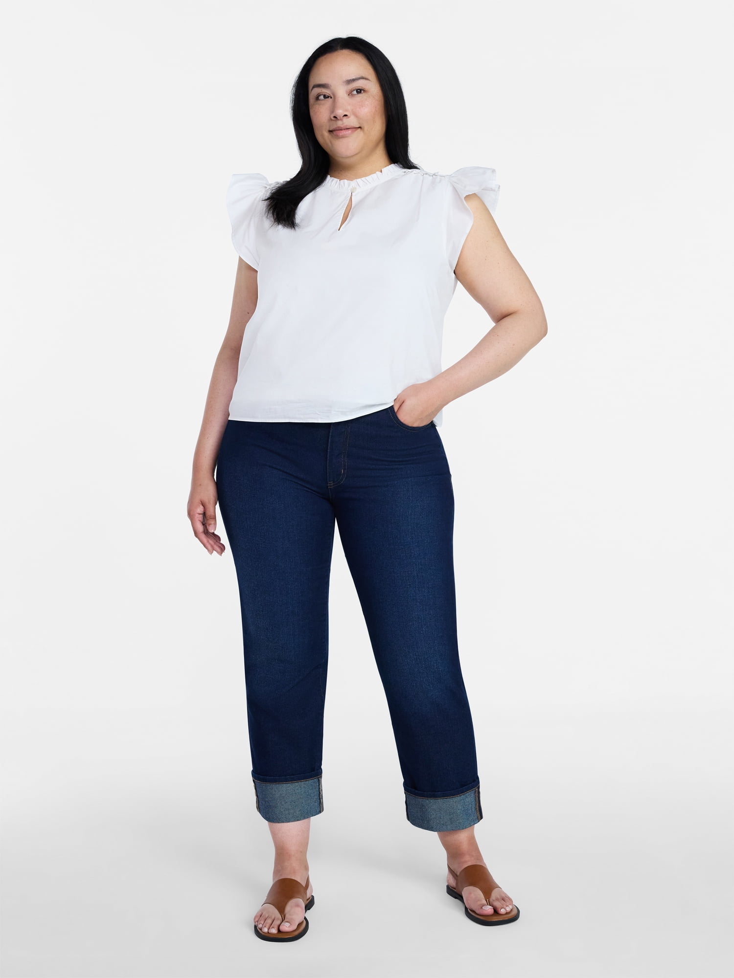 Time and Tru Women's High Rise Straight Leg Cuffed Jeans, 26.5" Inseam, Sizes 0-20