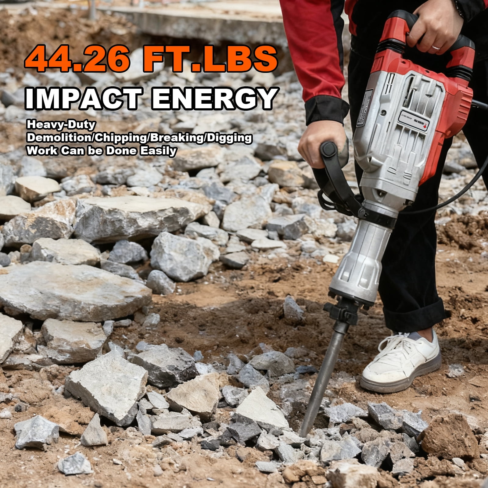 Heavy Duty Demolition Jack Hammer – Max 3500W, 1900 BPM Electric Concrete Breaker with 60J Impact Force, Includes 2 Chisels for Trenching, Breaking Holes & Construction Work