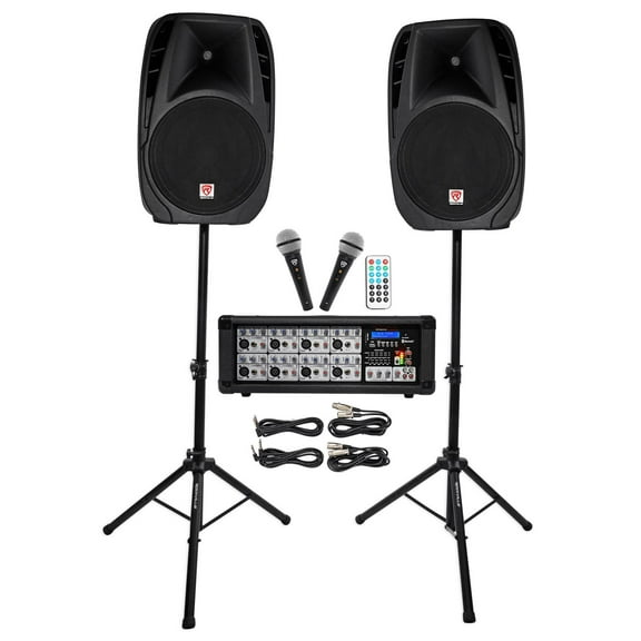 Rockville RPG2X15 Package PA System Mixer/Amp 15" Speakers Stands Mics Bluetooth