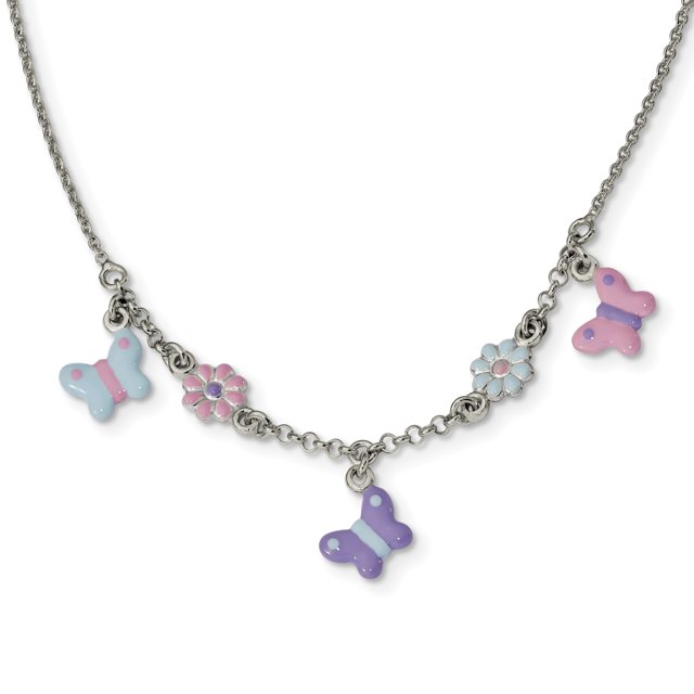 Sterling Silver Polished Enameled Floral & Butterfly Necklace 14 Inch